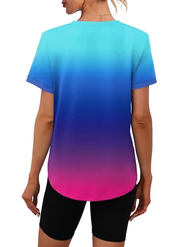 Image of Womens Workout Tops Summer Short Sleeve Shirts Athletic Color Block Gym Clothes Outfits Sun Protection UPF 50+ T Shirts