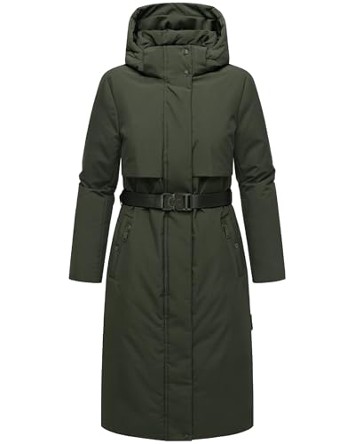Navahoo Damen Wintermantel warmer, wasserdichter Parka mit (abnehmbarer) Kapuze und Taillengürtel Waldbummler 14 Dark Olive Gr. 3XL