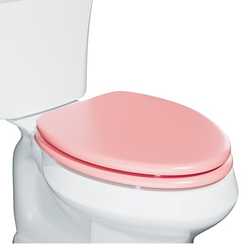 Elongated Slow Close Wood Toilet Seat Pink Wooden Toilet Seat with Baked Enamel Finish Support 400 lbs Oval Toilet Lid with Soft Close Chrome Hinges and Grip-Tight Bumpers Easy to Clean and Install