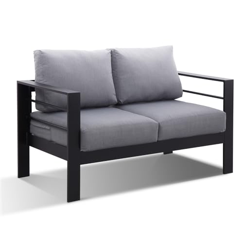 LANOX Gartensofa Gartenmöbel Set 2 Sitzer aus Aluminum,128×65×66 cm, inkl. Sitz- und Rückenkissen, Wetterfest Outdoor Sofa für Balkon Terrasse Garten, Schwarz