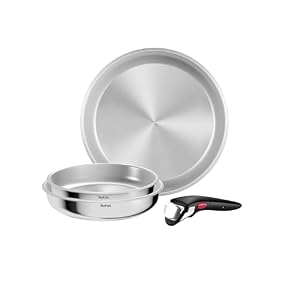 Tefal Ingenio Comfort Max 4-tlg. Pfannen-Set, extrastarker Boden, unversiegelt, platzsparend, Thermo-Signal, für alle Herdarten, sicherer Griff, mühelose Reinigung, Edelstahl, L968S434