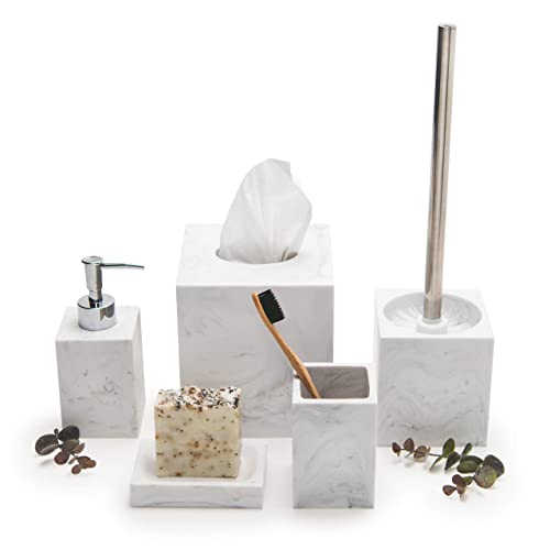 Kurrajong Farmhouse 5 Piece Bathroom Accessories Set Complete | Faux Marble and White Bathroom Accessory Set | Tissue Box, Toilet Brush, Soap Dish, Soap Dispenser, Toothbrush Holder - Image 5