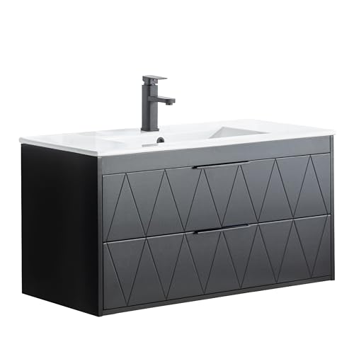 UEV Meuble sous Lavabo Suspendu 90cm, avec Lavabo en Céramique, Robinet, 2 Grands Tiroirs, Meuble Salle de Bain, Motif Ligne, Style Ligne Scandinave...