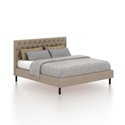 Image of Ganpati Arts Solid Sheesham Wood Fabrio Upholstered Queen Size Bed Without Storage and Tufted Headboard | Durable Wooden Double Bed Cot Palang for Bedroom, Hotels and Home Furniture (Seasame)