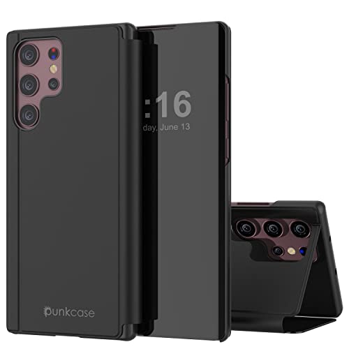 Punkcase S22 Ultra Reflector Case Protective Flip Cover W/Scratch Resistant Translucent Mirror Front & Non-Slip PU Leather Back Integrated Kickstand for Galaxy S22 Ultra 5G (6.8") (2022) (Black)