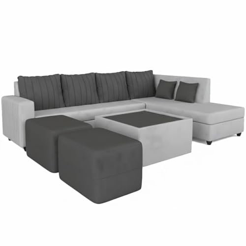 Image of CASASTYLE Stylano 8 Seater Fabric RHS L Shape Sofa Set with 1 Centre Table & 2 Ottoman (Dark Grey-Light Grey) 8-Person Seating with Premium Velvet Finish