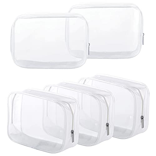 5 Pack Clear Plastic Zippered Toiletry Carry Pouch TSA Approved Toiletry Bag Portable Cosmetic Makeup Bag for Vacation, Bathroom and Organizing (White, Small)