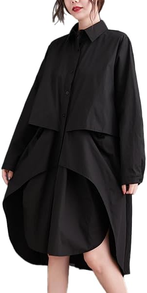 ellazhu Women's T-Shirt Dress Casual Lapel Long Sleeve Oversize Irregular Hem Button Down Solid GZ622