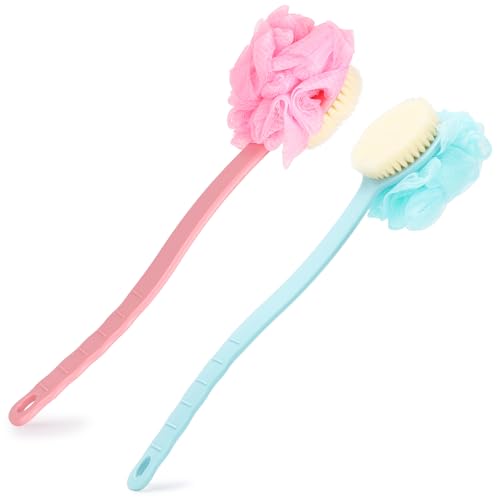 Paquete de 2 cepillos de ducha para el cuerpo, cepillo de baño de mango largo con esponja de malla suave para mujeres, hombres, ancianos, baño exfoliante para la piel, masaje (azul, rosa)