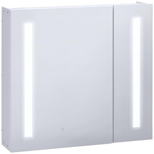 kleankin Armario con Espejo de Baño con Luz LED Armario de Baño Colgante con 2 Puertas Función de Memoria e Interruptor Táctil Estilo Moderno 70x15x65 cm Blanco