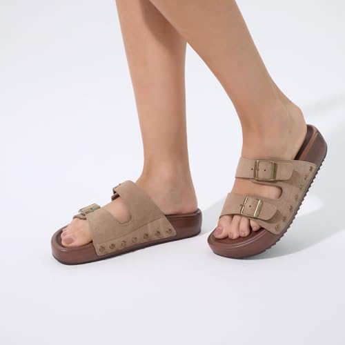 Image of UBFEN Womens Platform Slide Sandals | Real Leather,Buckle Sandals with Cushioned Flatform Footbed,Comfortable for Walking,Arch Support,Casual Styling