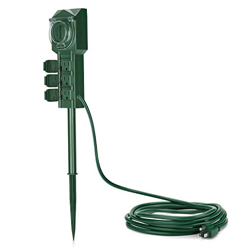 Outdoor Power Stake with Countdown Timer, 3-Outlet Power Strip with Weatherproof Covers, ETL Certified, Green
