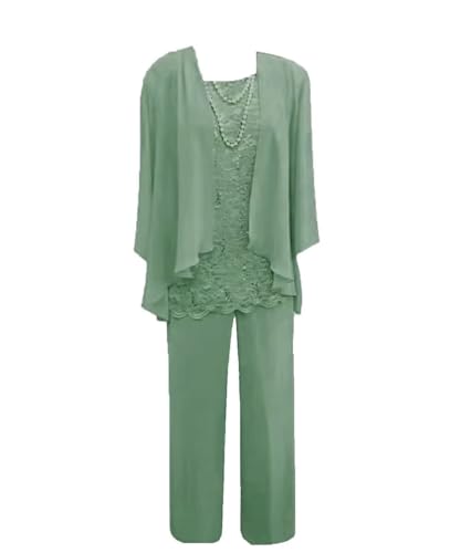 Chiffon Long Grandmother of The Bride Pant Suits with Jackets 3 Pieces Wedding Pant Suits Lace Pantsuits for Wedding Guest Pastel Green-US 14