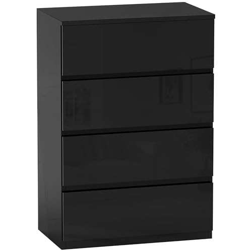 HOMCOM Commode moderne avec 4 tiroirs avec design anti-retournement pour salon couloir 55 x 34 x 80 cm Noir brillant