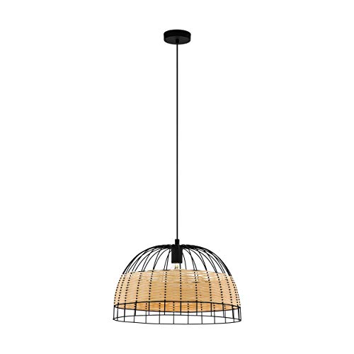 Image of Hanging Ceiling Pendant Light -Black & Wicker- 1x 40W E27 Hallway Feature Lamp - Adjustable Height Drop Interior Modern Trendy Living Room