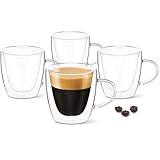 DLux Espresso Coffee Cups with Handles, Double Wall Clear Glass, Insulated Borosilicate Glassware Tea Cup, 4 pcs, 90 ml