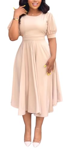 Image of Summer Dresses for Women Semi-Formal Fit Casual Slim Short Puff Sleeve O-Neck Elegant Swing A Line Maxi Dresses