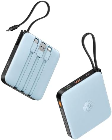 VRURC Portable Charger for iPhone with Built-in Cable, 10000mAh 22.5W Fast Charging USB C Battery Pack, Cell Phone Power Bank for iPhone 17 16 15 & Samsung Galaxy Series (Blue)