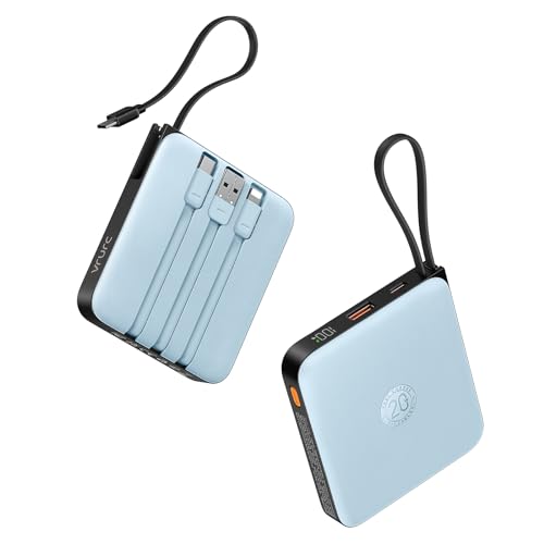 VRURC Portable Charger for iPhone with Built-in Cable, 10000mAh 22.5W Fast Charging USB C Battery Pack, Cell Phone Power Bank for iPhone 17 16 15 & Samsung Galaxy Series (Blue)
