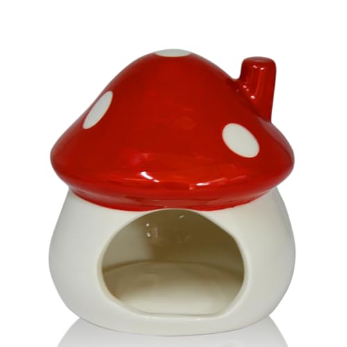 Image of AnRui Cute Mushroom Fish Tank Decoration Ceramic House Aquarium Accessories Hideout Cave Ornament for Small Fish, Shrimp, Goldfish and Reptiles, Red