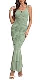 chouyatou Womens Strenchy Ruched Bodycon Cocktail Party Dress Maxi Mermaid Corset Dress Evening Gown (Medium, Sage Green)