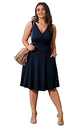 Image of POSESHE Womens Plus Size Dresses Sleeveless Wrap V-Neck Sundress Casual Summer Wedding Guest Cocktail Dress with Pockets