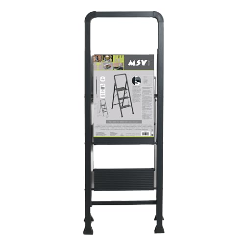 MSV Trittleiter, 3 Stufen, faltbar, rutschfest, aus Stahl, max. 150 kg (62 x 42,5 x 108 cm), Mattschwarz, Black