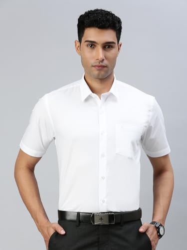 Image of RAMRAJ COTTON Men White Solid Half Sleeve Cotton Shirt