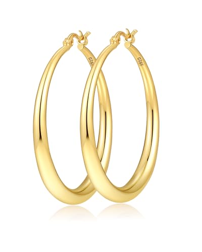 Silver Hoops Earrings for Women Hypoallergenic 925 Sterling Silver 14K Gold Plated Hoop Earrings Lightweight Large Thick Hollow Tube Hoop Earrings 30/40/50/60MM