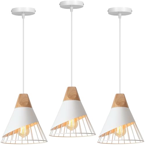 TOKIUS Lot de 3 Suspensions Luminaires Modernes Industrielles Bois Lustre Abat-jour Métal Vintage forme Cage Ø25cm Plafonnier E27 Design pour Cuisine Chambre Salon