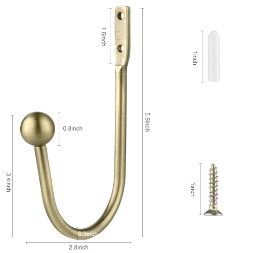 Curtain Holdbacks, 2pcs Curtains Holder Wall Mounted Drapery Tiebacks Retro Window Hook for Home Decor, Antique Brass
