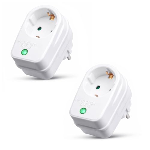 Adattatore presa 2X con protezione contro le sovratensioni | 230 V | protezione contro i fulmini presa adattatore di rete | 3500 W | con blocco di sicurezza per bambini | 2 pezzi