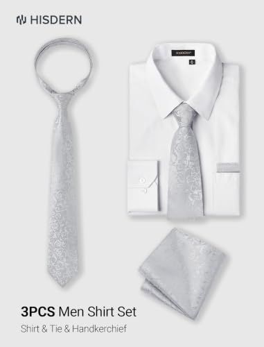 Image of HISDERN Mens Dress Shirt with Tie Pocket Square Set Classic Button Down Shirt Matching Tie Long Sleeve Shirts