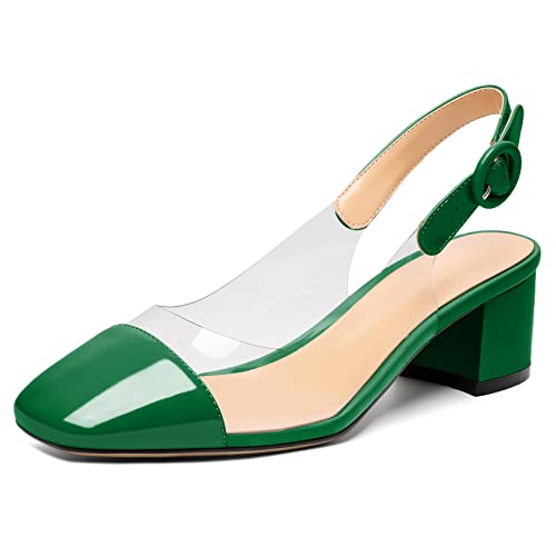 AUMOTED Women's Square Toe Slingback Chunky Heel Pumps Transparent Block Ankle Strap Mid Heels Party Dress Shoes 2 Inches