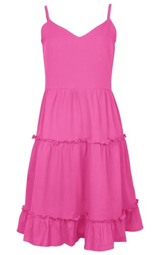 Image of FANCYINN Women Floral Casual Tiered Mini Dresses Spaghetti Strap V Neck Backless A Line Swing Short Dress with Pockets