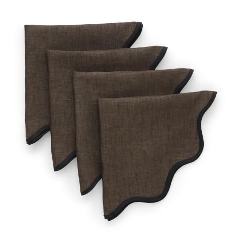 Solino Home 100% Pure Linen Napkins, 20 in Round, Black Scalloped, Set of 4