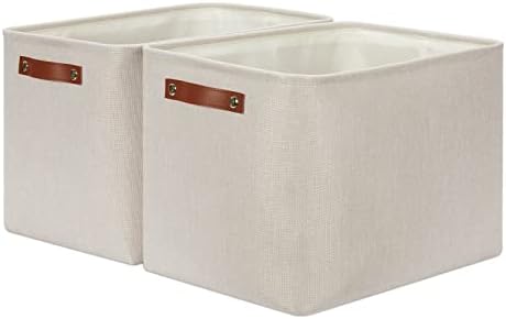DULLEMELO 2-Pack Large Storage Baskets for Organizing 16"x12"x12" Canvas Fabric Storage Basket Bins With Leather Handles for Shelf Clothes Empty Gift Basket (Beige)