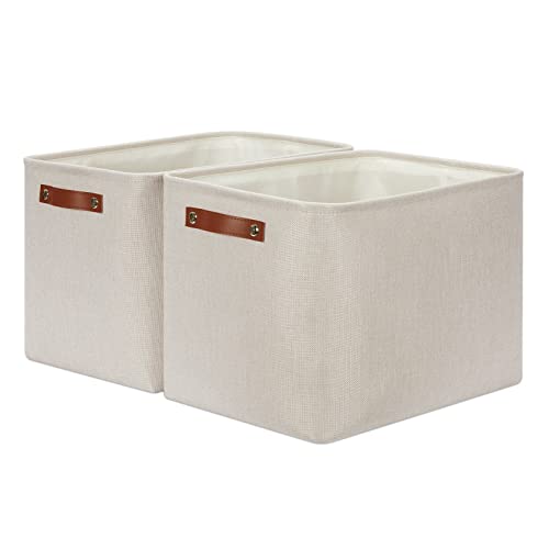 Dullemelo 2-Pack Large Storage Baskets For Organizing 16"X12"X12" Canvas Fabric Storage Basket Bins With Leather Handles For Shelf Clothes Empty Gift Basket (Beige) #TOP10