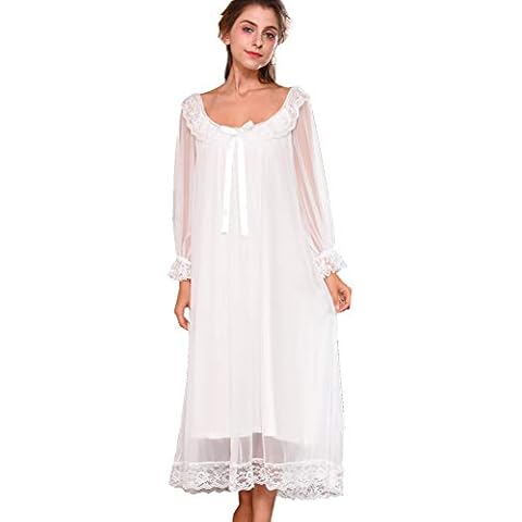 Flaydigo Ladies Women's Long Sleeve Victorian Cotton Lace Satin White Nightdress Pajamas Nightwear Sleepwear(Size: EU L/Tag XL) Cover