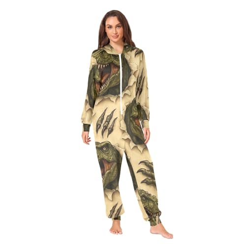 Pyjama une pièce dinosaure beige polaire chaud avec capuche adulte
