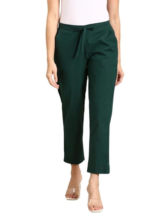 Women's Cotton High Waist Straight Fit Trousers, Ankle Length with Elastic Waist and Tie-Up, Casual Office Wear-picture-19