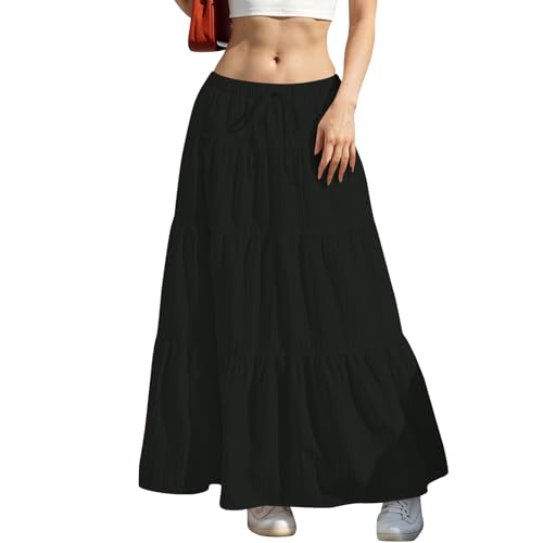 midelxp Tiered Long Skirts for Women Summer Vacation A-Line Pleated Skirt Drawstring High Waisted Flowy Swing Maxi Skirts