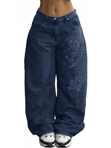 Image of EMMIOL Women Hip Hop 90s Vintage Baggy Jeans Denim Pants Mid Waist Jeans