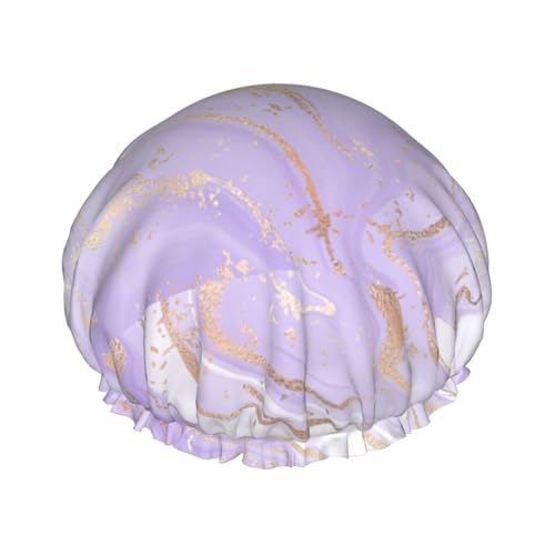 Gorro de ducha impermeable con banda elástica, gorro de ducha reutilizable de doble capa para mujer,Línea dorada de mármol morado lavanda