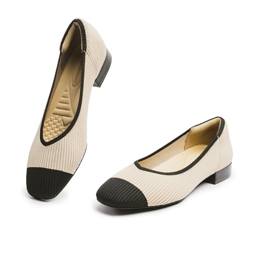 Women's Flats with Arch Support, Square Toe Knit Flats for Women, Comfortable Knit Slip On Dress Shoe, Nude and Black Size 8