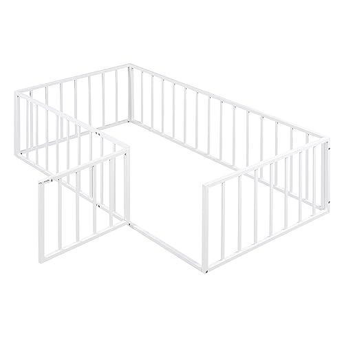 Image of Twin Size Floor Bed for Kids, Montessori Beds with Rails and Door, Metal Playhouse Bed Frame with Fence for Boys Girls, White