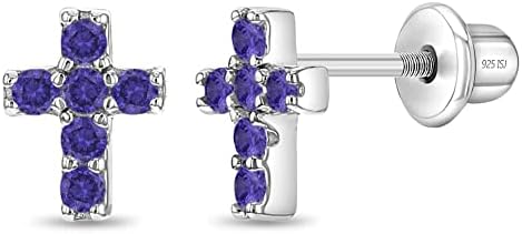 925 Sterling Silver Cubic Zirconia Sparkling Purple Cross Earrings with Safety Screw Back for Toddler Girls, Young Girl and Teens Perfect for Latin Baby Baptism & Christening