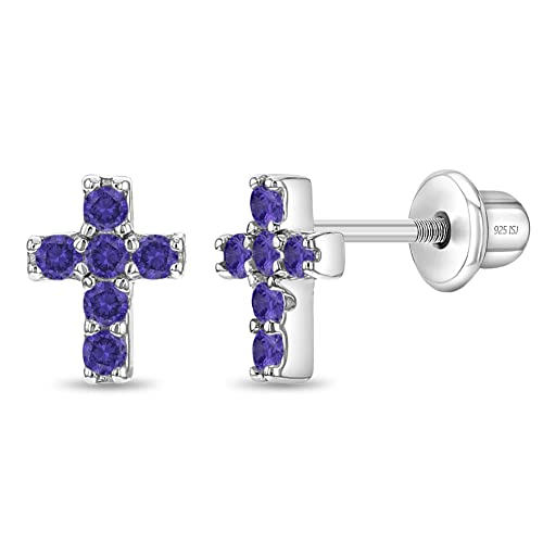 925 Sterling Silver Cubic Zirconia Sparkling Purple Cross Earrings With Safety Screw Back For Toddler Girls, Young Girl And Teens Perfect For Latin Baby Baptism & Christening #TOP30