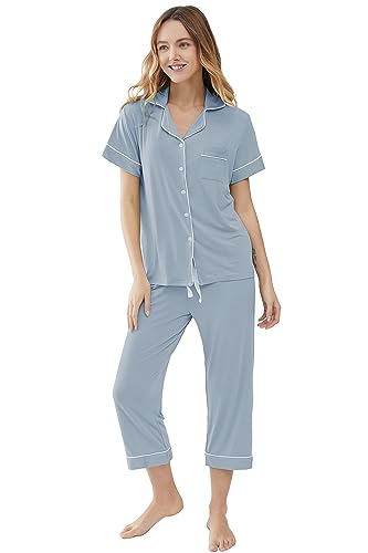Joyaria Women Capri Pajamas Set Bamboo Viscose Pjs Short Sleeve Button Down Sleepwear3