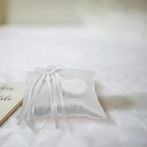 Cojín para anillos de boda blanco cuadrado con diseño floral y tejido para ceremonia nupcial 6